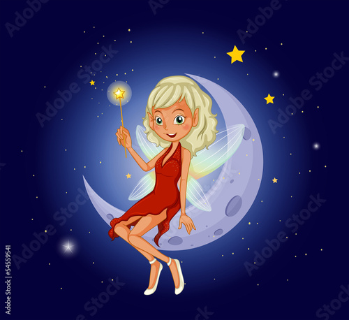 A fairy holding a magic wand sitting at the crescent moon