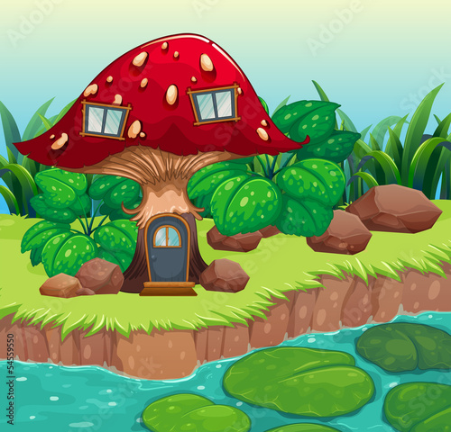 A red wooden mushroom house