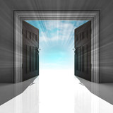 double doorway with blue sky and flare