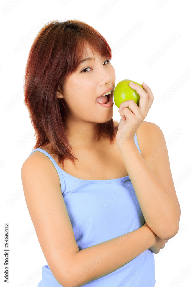 Isolated young asian woman with an apple. Isolated young asian woman with an apple.