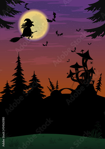 Halloween landscape with witch