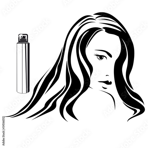 Dark haired girl with hair spray in beauty salon b&w