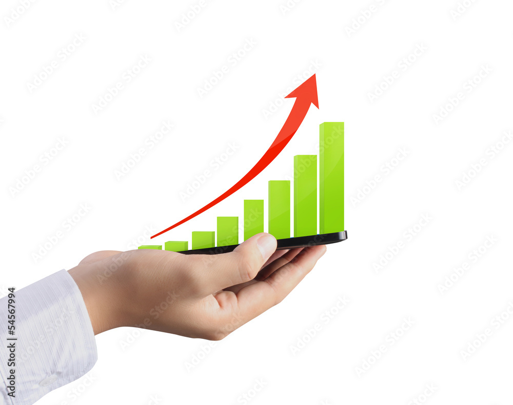 mobile phone in hand and graph mobile phone in hand and graph