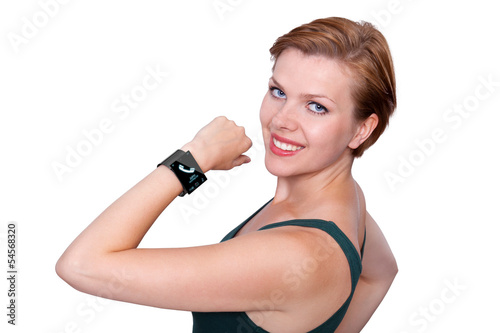 Girl with an Internet Smart Watch isolated on white