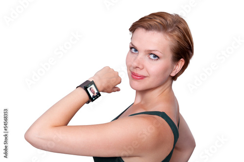 Girl with an Internet Smart Watch isolated on white photo