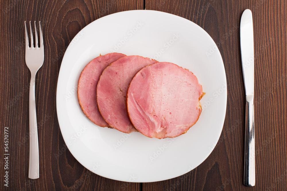 Slices of delicious ham on plate