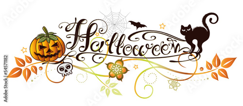 Halloween Ranke. Party Logo mit Kürbis und schwarzer Katze. Herbst.