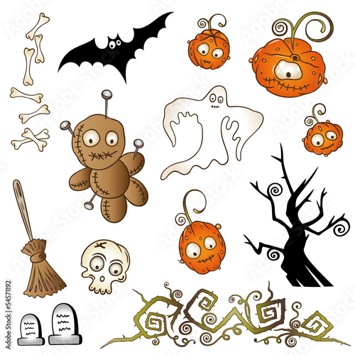 Süßes Halloween Vektor Set. Kürbisse, Voodoo, Geist und Fledermaus.