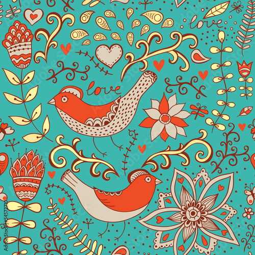 Seamless texture with flowers and birds. Endless floral pattern.