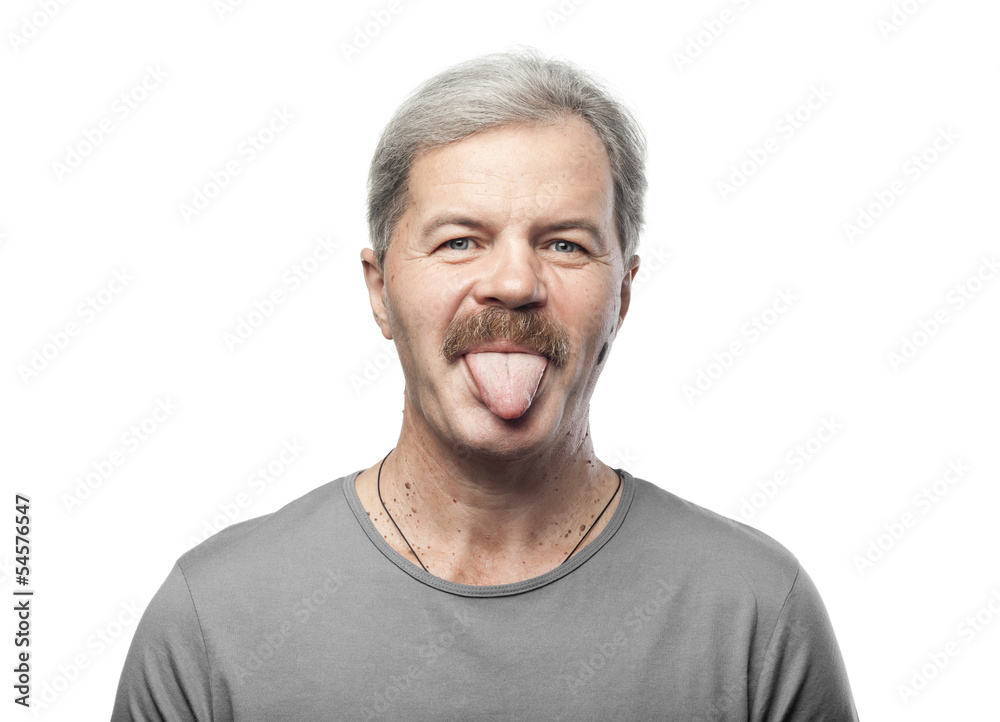 funny mature man shows tongue isolated on white background funny mature man shows tongue isolated on white background