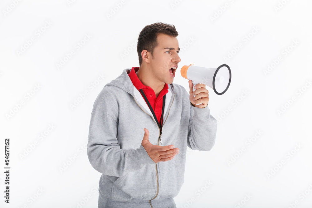 Instructor with megaphone. Coach Shouting in megaphone