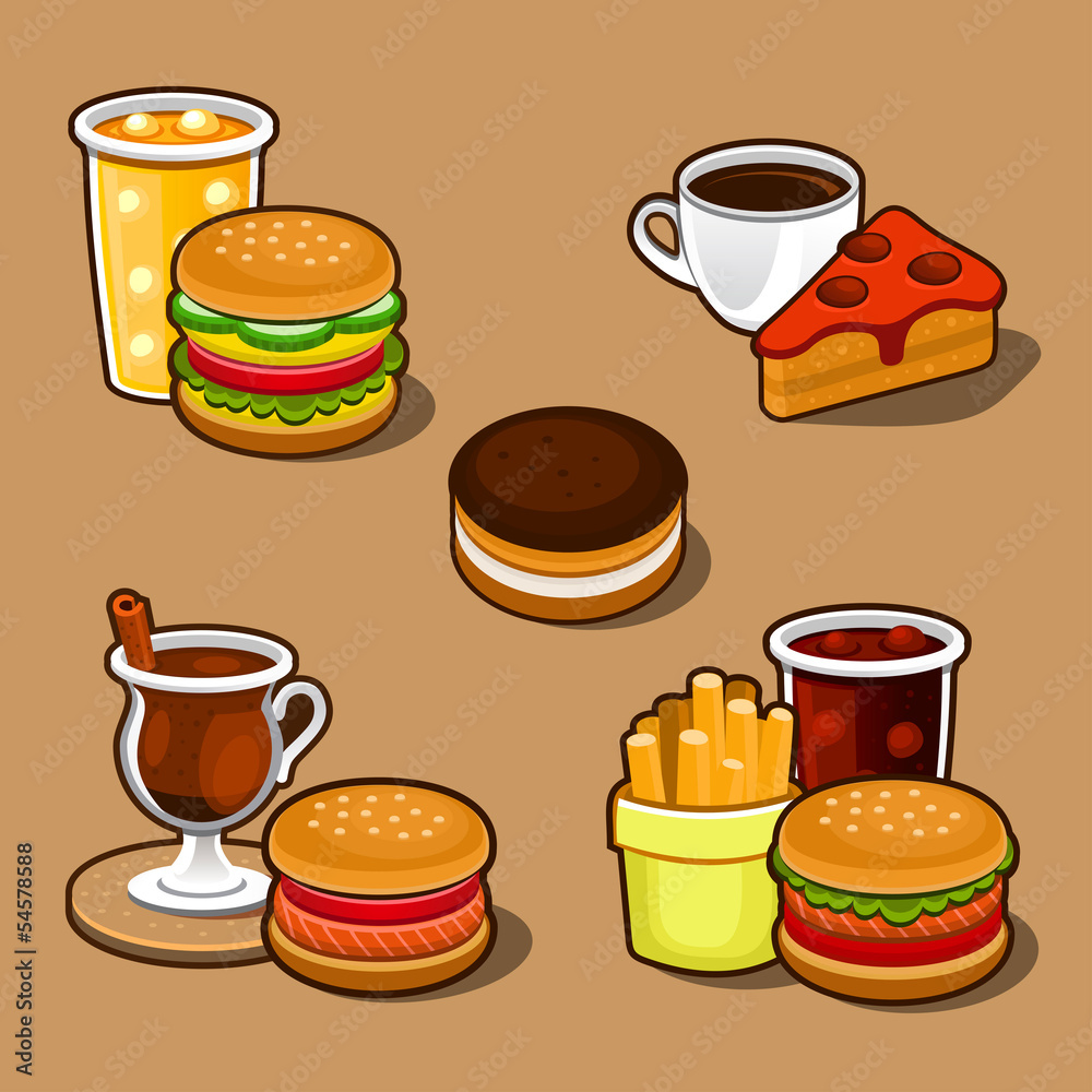Set of colorful cartoon fast food icons. Isolated vector. Set of colorful cartoon fast food icons. Isolated vector.
