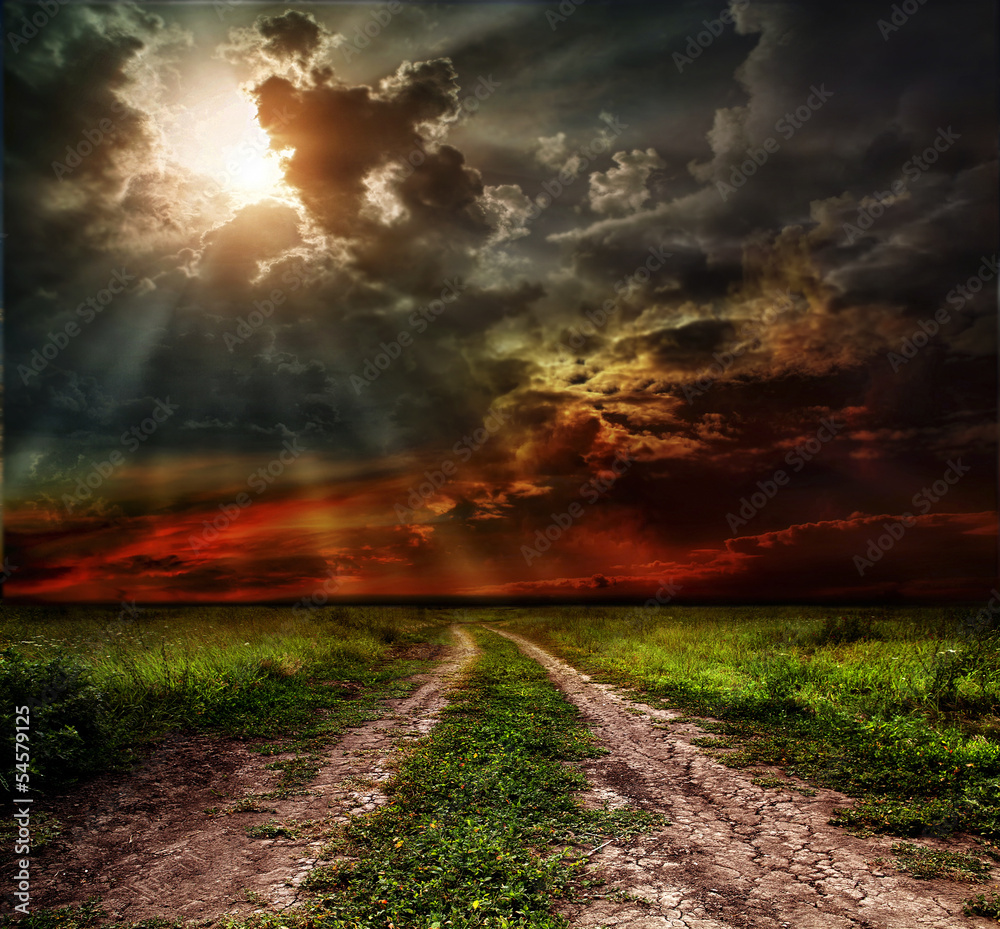 Fototapeta premium country road and sunset