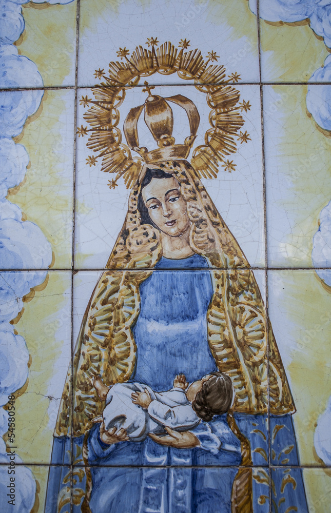 Talavera pottery, tiles, Virgin Mary with baby Jesus