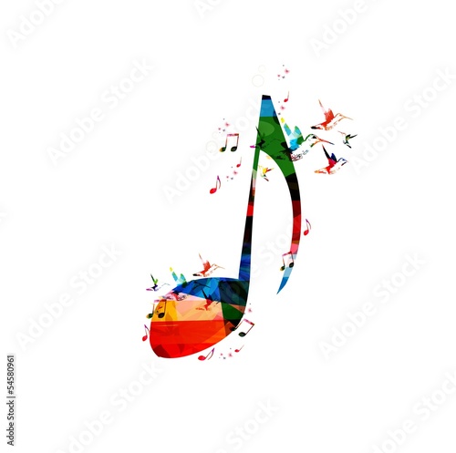 Colorful music note background with hummingbirds