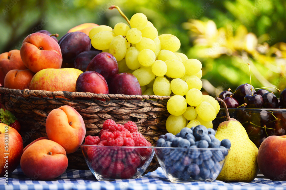 Obraz premium Basket of fresh organic fruits in the garden