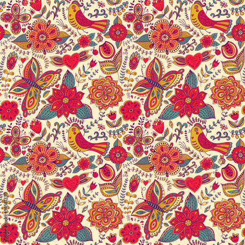Seamless texture with flowers and birds. Endless floral pattern.