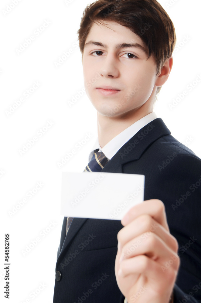 The businessman in a business suit with visiting card The businessman in a business suit with visiting card