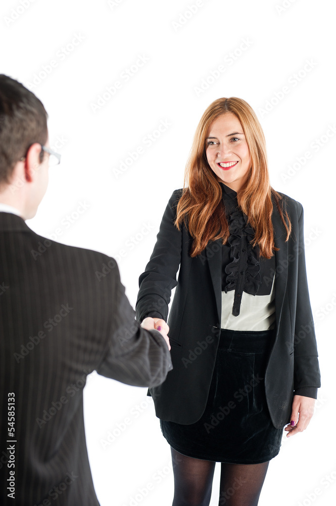 Business woman shaking hands with a business man