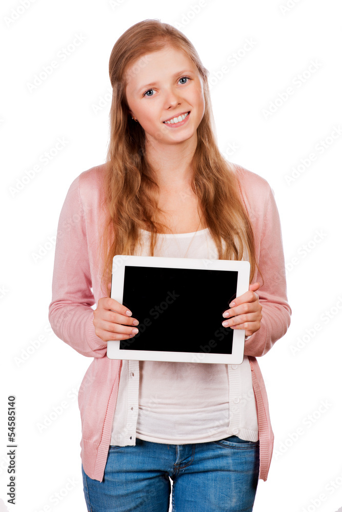 Cute young  student girl holding colorful exercise books.
