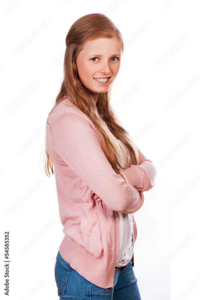 Cute young student girl holding colorful exercise books. Cute young student girl holding colorful exercise books.