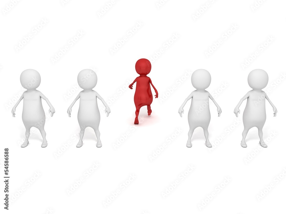 red individual 3d man walking out of white crowd