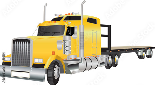 A Yellow American Truck hauling a Flat Bed Trailer