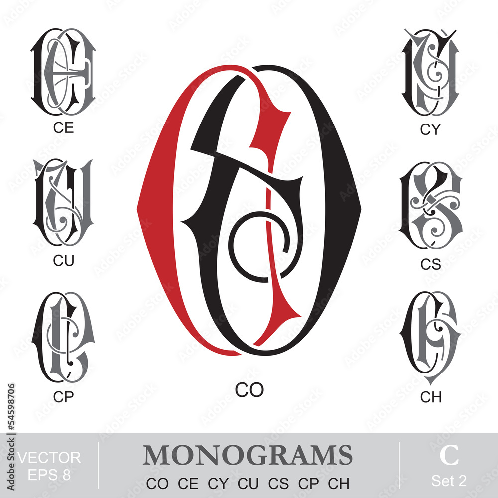 Vintage Monograms CO CE CY CU CS CP CH - obrazy, fototapety, plakaty 