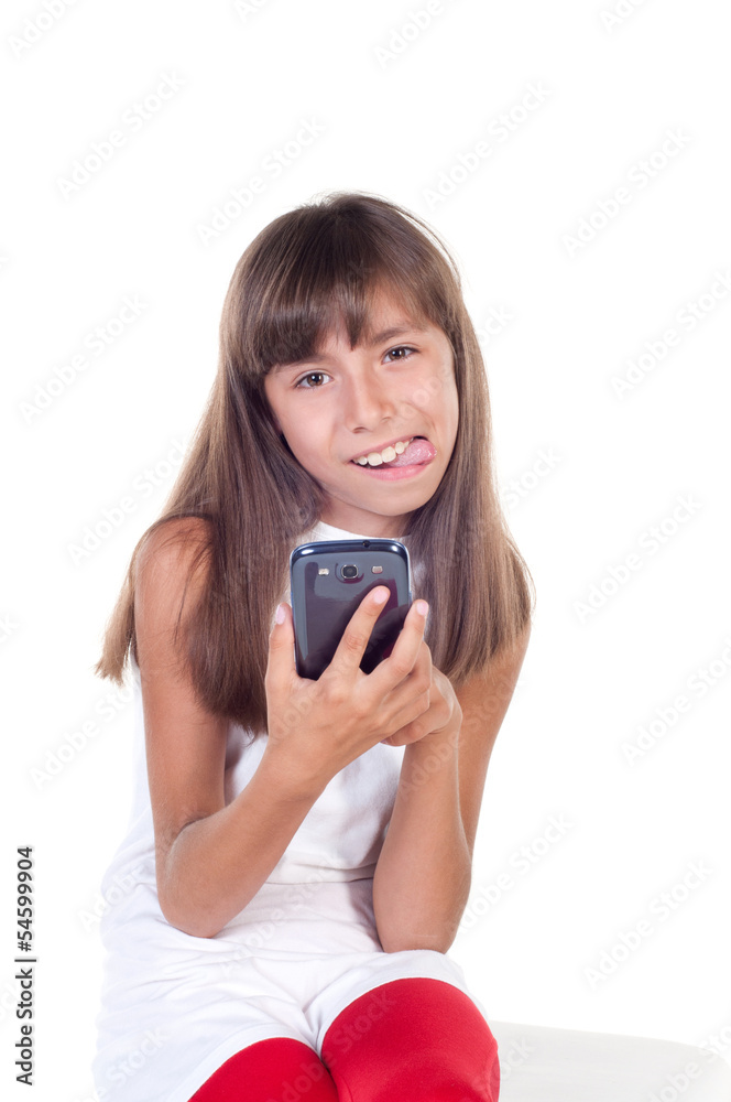 little girl with smartphone with tongue out little girl with smartphone with tongue out