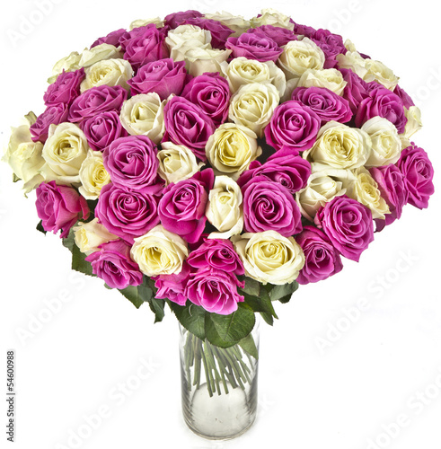 bouquet of pink roses in vase on white background
