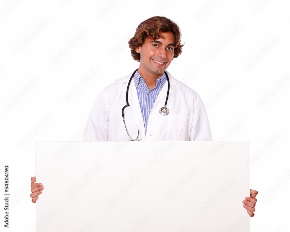 Handsome smiling doctor with blank placard Handsome smiling doctor with blank placard
