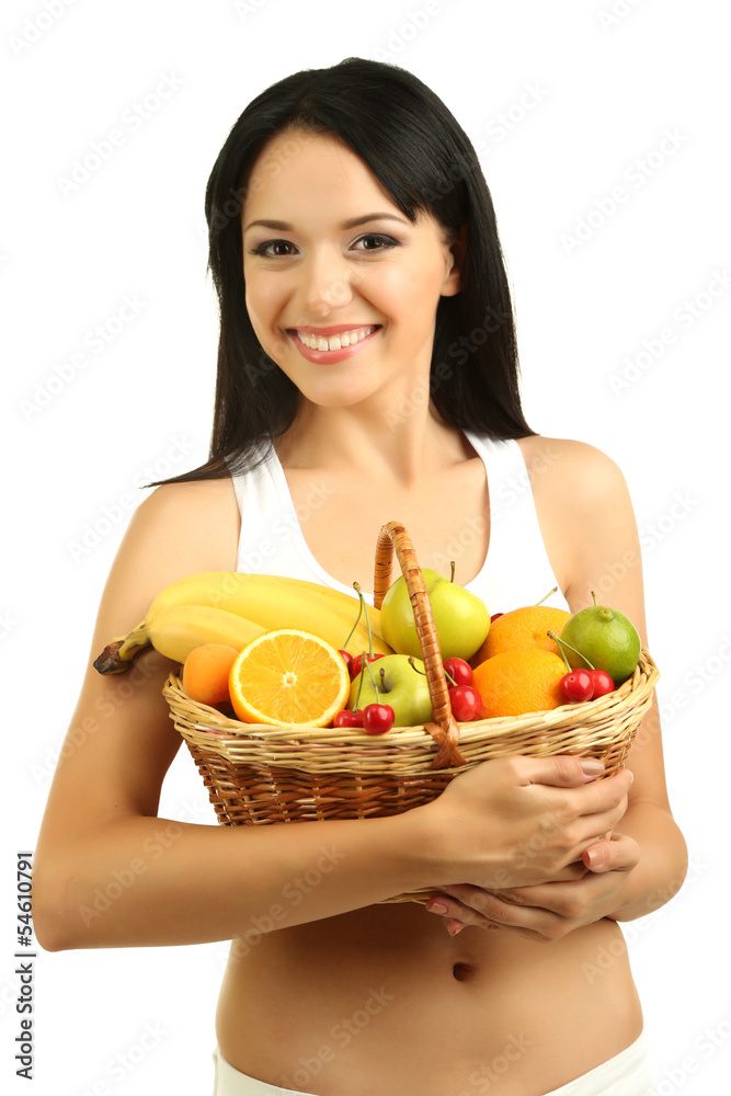 Girl with fresh fruits isolated on white Girl with fresh fruits isolated on white
