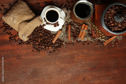 Coffee beans, metal turk and coffee mill