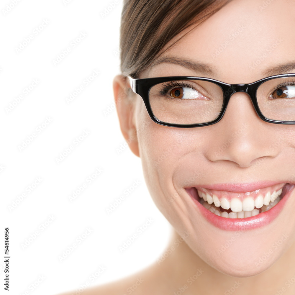 Woman wearing glasses looking happy to side Woman wearing glasses looking happy to side