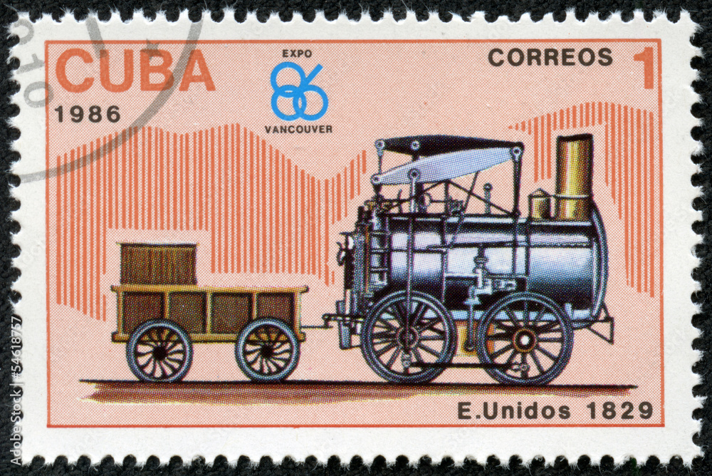stamp printed by Cuba, shows locomotive