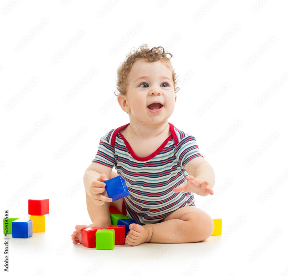 baby boy playing toy blocks isolated on white background baby boy playing toy blocks isolated on white background
