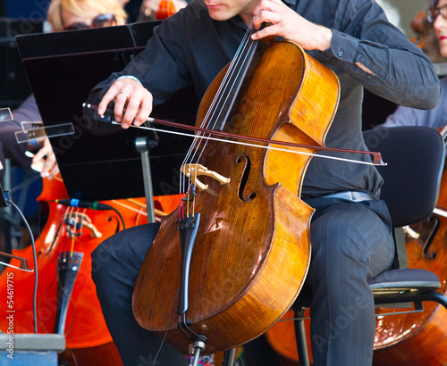 close-up of cellos being played in a concert