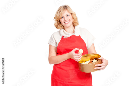 young woman with red apron and cookie box