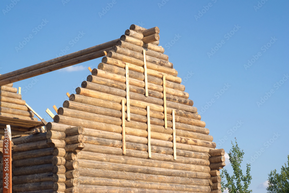 Wooden house construction from logs in summer Wooden house construction from logs in summer