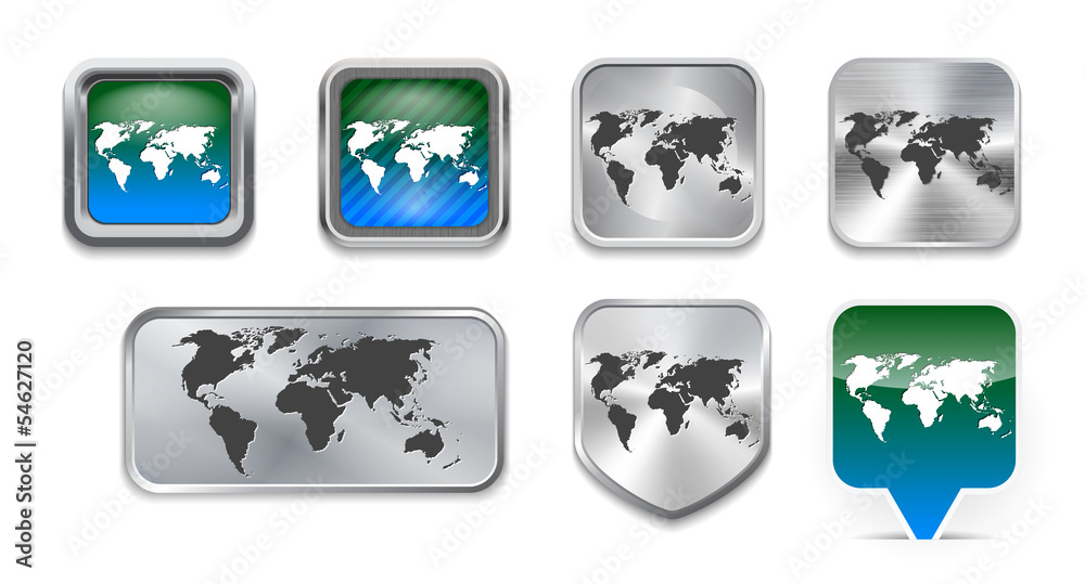 Collection of World map on brushed metallic and glossy buttons Collection of World map on brushed metallic and glossy buttons