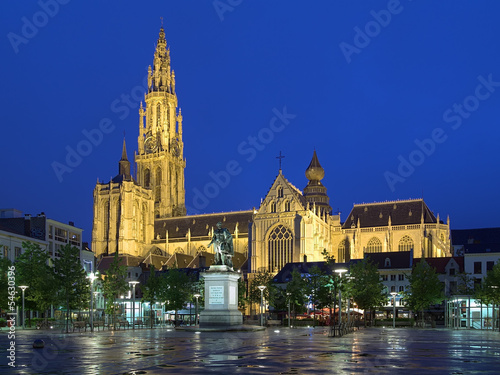 Cathedral and statue of Peter Paul Rubens in Antwerp at evening
