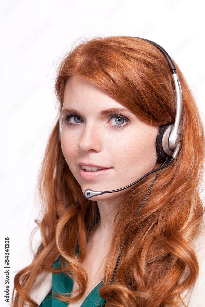 junge freundliche geschäftsfrau mit headset isoliert junge freundliche geschäftsfrau mit headset isoliert