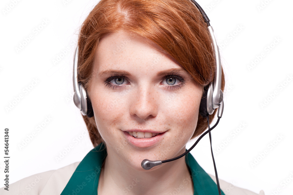 junge freundliche geschäftsfrau mit headset isoliert junge freundliche geschäftsfrau mit headset isoliert