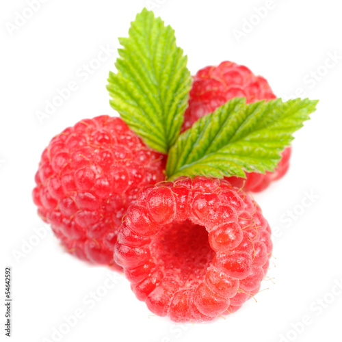 Red Raspberries with Green Leaves Isolated on White Background