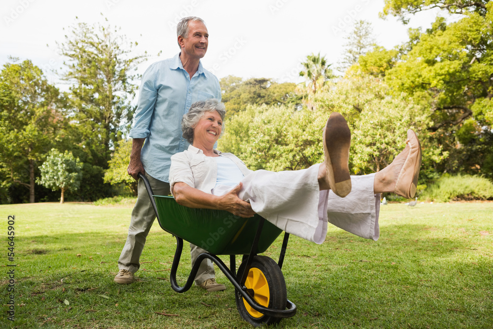 Smiling man pushing his wife in a wheelbarrow Smiling man pushing his wife in a wheelbarrow