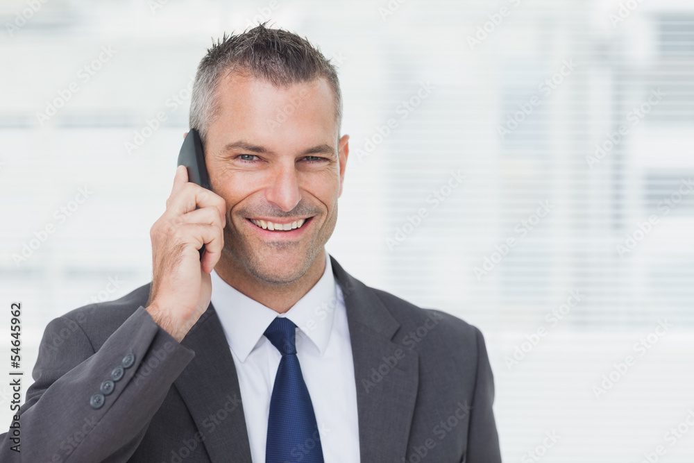 Cheerful businessman looking at camera while having a phone call Cheerful businessman looking at camera while having a phone call
