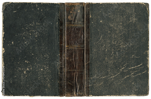 Old open book cover - worn textured black paper with brown leather spine - circa 1875 - isolated on white