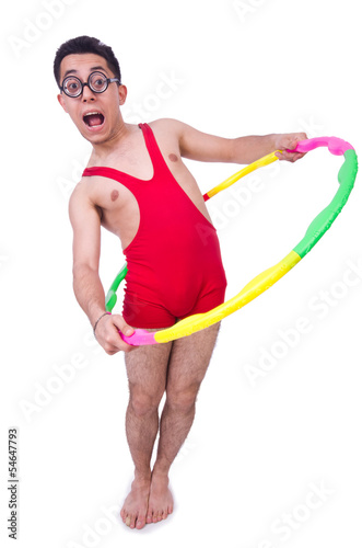 Funny sportsman with hula hoop on white © Elnur
