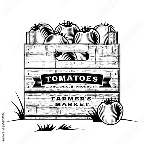 Retro crate of tomatoes black and white
