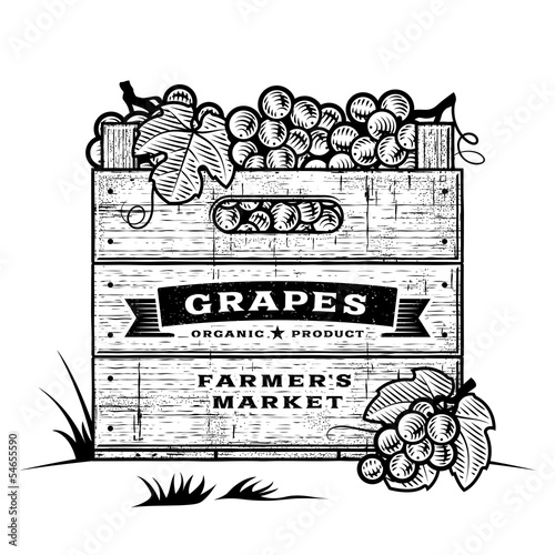 Retro crate of grapes black and white